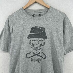 HOOK AND LINE Shirt Mens L Fishing Hooks Pirate Skull Cotton Blend Jersey Gray